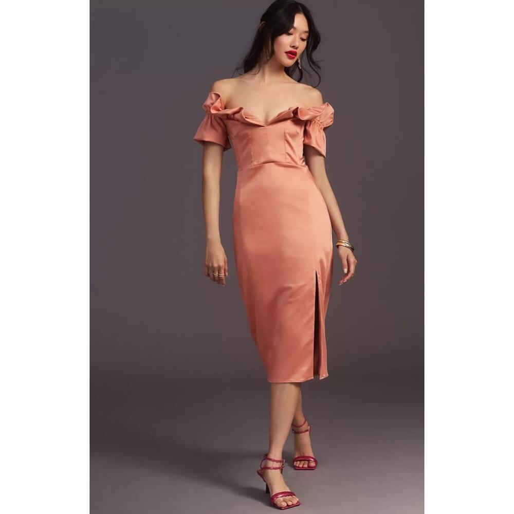 Anthropologie Orange Gold Ruffled Sheath Dress
